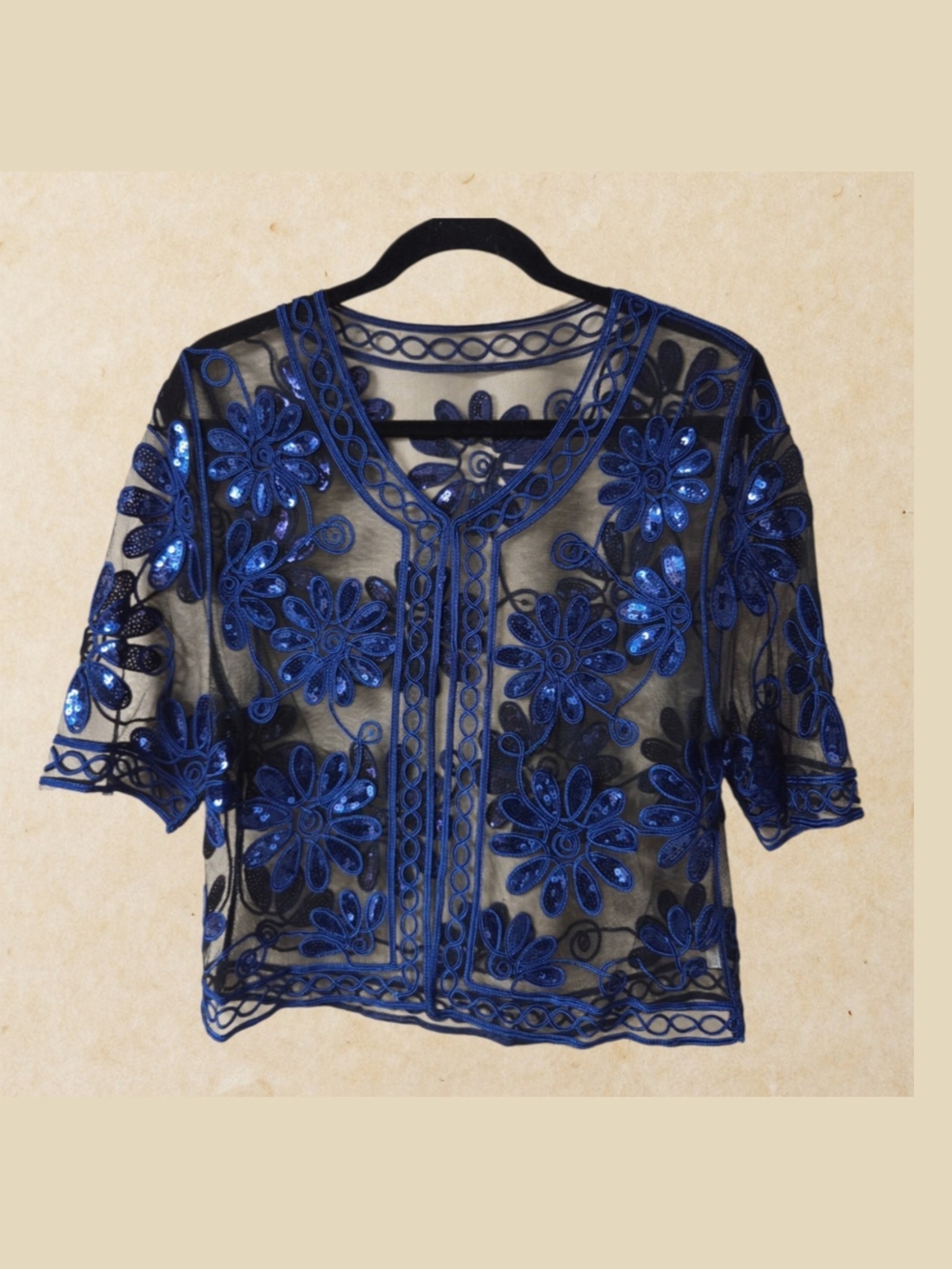 Sheer Floral Embroidered V-Neck Blouse Cobalt Blue Floral With Black Mesh - Picture 2 of 10